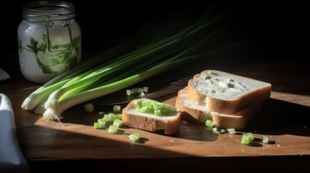 Lifestyle shot, product photography of chopped green onions and loafs of bread, on a wooden table. Play of light and shadow. High quality photoの素材