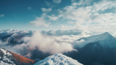 Lanscape shot, panoramic view of snowy alpine mountain. Snow and forest, cloudy sky and morning sun. High quality photoの素材