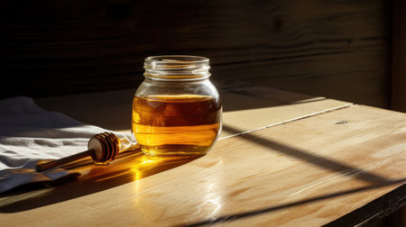 Lifestyle product shot of a glass of honey and spindle illuminated by the sun from the window on a wooden table. Play light and shadow. High quality photoの素材