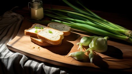 Lifestyle shot, product photography of fresh bread and green onions, on a wooden table. Play of light and shadow. High quality photoの素材