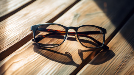 Lifestyle shot of light-tinted brown prescription glasses on wooden table. Play of light and shadow. High quality photoの素材
