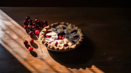 Lifestyle shot of cooked cranberry pie and sweet cherries on a wooden table. Play of light and shadow. High quality photoの素材