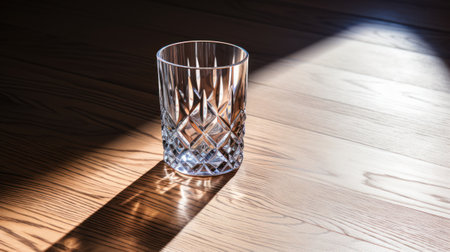 Lifestyle shot of empty glass on a wooden table. Light passes through, play of light and shadow. High quality photoの素材