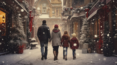 Advertising christmas holiday mood shot of a family, walking together in old town during snowy winter. High quality photoの素材