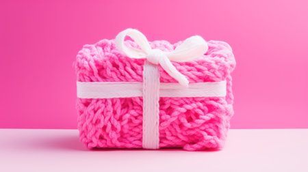 Advertising shot of pink gift box made from coarse knitting threads, white ribbon, pink background, product photography. High quality illustrationの素材