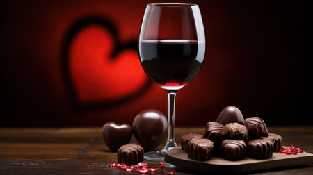 Promotional shot of glass of red wine, heart-shaped chocolates, valentine's day, glow, on a clean background. High quality photoの素材
