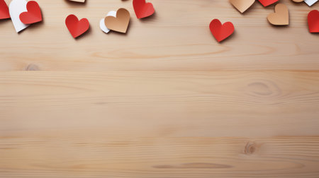 Light wooden table, around paper hearts in red and brown colors, valentine's day, flat lay. High quality photoの素材