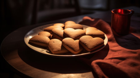 Ginger sweet cookies, milk and cocoa in the form of a heart, lie on a wooden plate against the shadowed background. High quality photoの素材