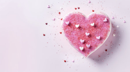 Pink color cake in the shape of a heart with confetti on a light background, glitter, flat lay. High quality photoの素材