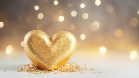 Golden cookie in the shape of a heart with confetti on a light background, glitter, flat lay. High quality photoの素材