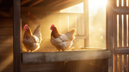 Advertising shot of chickens in a chicken coop on a farm in the courtyard, ray of sunshine, photorealism, morning sun in the background. High quality photoの素材