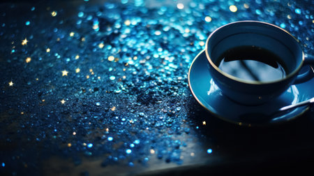 Blue glitter texture of many sparkles, sequins and a blue cup of tea on the table with dark shadows. High quality photoの素材