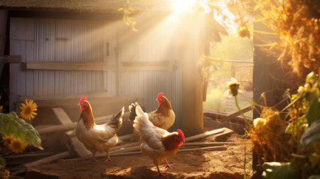 Advertising shot of chickens in a chicken coop on a farm in the courtyard, ray of sunshine, photorealism, sun beams in the background. High quality photoの素材