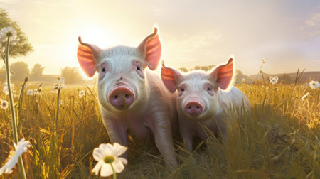 Two pigs in a meadow, ray of sunshine, country farm, photorealism, advertising shot. High quality illustrationの素材