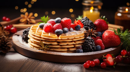 Wafers on a wooden plate covered with honey and decorated for Christmas with various berries, strawberries and blueberries. High quality illustrationの素材