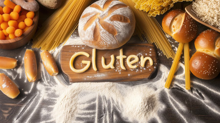 Top view of Gluten title text on cutting board on the table, text made from pasta with flour around, bread, spaghetti and other stuffs full of gluten. High quality illustrationの素材