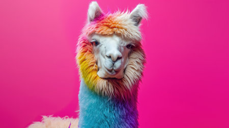 Advertising portrait, banner, cheerful alpaca with colorful hairstyle, looks straight, isolated on pink background. High quality illustrationの素材