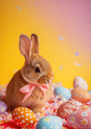 Beauriful easter rabbit with bow sitting around colored decorated easter eggs and colored background. High quality illustrationの素材