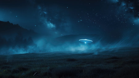 Futuristic UFO lands on a field during starry mysterious night in infinite universe with many clouds. Universe fantasy astronomy space background wallpaper. High quality illustrationの素材