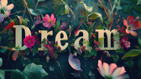 Dream title text on the table lined up, made from wood with flowers and plants around. High quality illustrationの素材