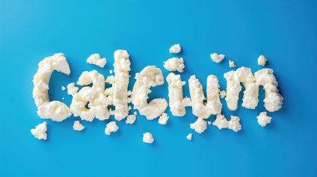 Calcium title text food lettering, lined with white cottage cheese isolated on solid blue baclground. High quality illustrationの素材