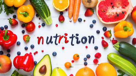 Nutrion title text food lettering, on table with vegetables, berries and fruits, pepper, avocado and cucumber, apples, strawberries, oranges and mandarin, carrot. High quality illustrationの素材