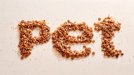 Pet title text food lettering, written with dry pet food and isolated on solid light biege baclground. High quality illustrationの素材