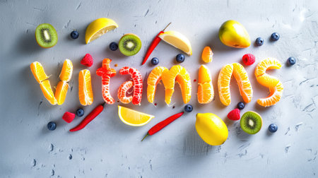 Vitamins title text food lettering, made from mandarin slices with different fruits around, on a neutral blue-gray background. High quality illustrationの素材