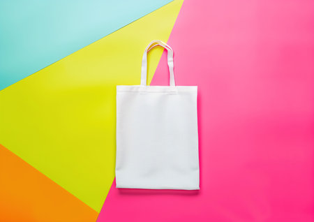 Advertising straight shot from above of white fabric reusable eco shopper, shopping bag on pink yellow blue orange background. High quality photoの素材