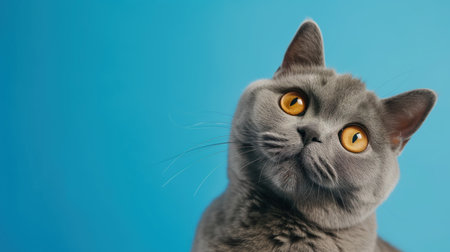 Advertising portrait, banner of smoky gray british shorthair cat with head tilted to the side, isolated on blue background. High quality photoの素材