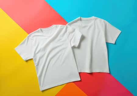 Advertising shot top view of white clean no brand t-shirts, on colored yellow blue red background. High quality photoの素材