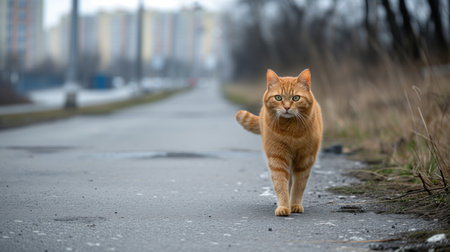 Advertising portrait, banner a lush red cat walks along the road on the street, with city landscape on the background. High quality photoの素材
