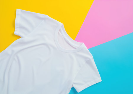 Colorful advertising shot from above of white fabric t-shirt on pink yellow blue background. High quality photoの素材