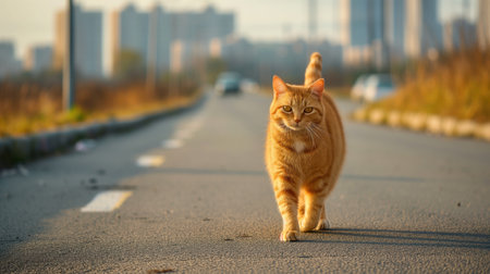 Advertising portrait, banner of redhead cat walks along the roadway on the street, with city landscape on the background. High quality photoの素材