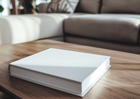 Advertising close up mockup shot of book lying on wooden coffee table in the living room. High quality photoの素材