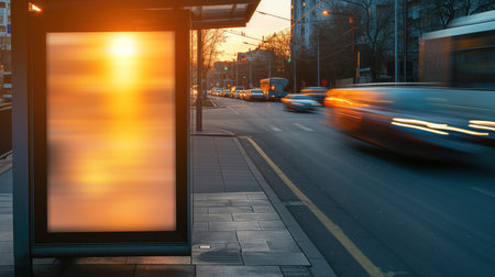 Bus stop near the road with empty banner mockup and cars passing through with sunset falling on buildings in the city. High quality photoの素材