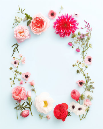 White flat lay with white, red and pink spring and summer flowers on it. View from the above. High quality photoの素材