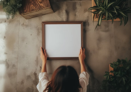 Girl inserts a white poster mockup into wooden frame with her hands, green plants around on gray background. High quality photoの素材