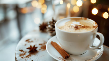 White cup of aromatic cappuccino coffee with cinnamon, on wooden table in a cafe with cozy interior with lamps at the background. High quality photoの素材