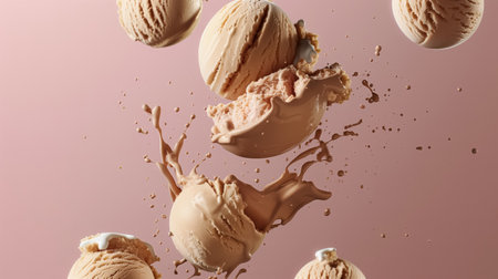 Advertising shot, chocolate ice cream balls, scoops with chocolate splashes flying on light pink background. High quality illustrationの素材