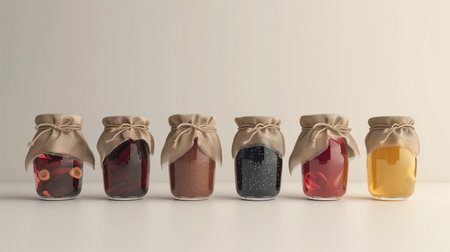 A set of jams of different flavors and colors in glass jars covered with fabric lids and tied with string on a light gray background. High quality photoの素材