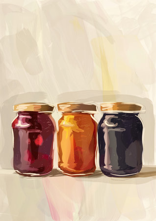 Drawing with watercolors, three colorful, red, orange, black glass jars of berry jams of different flavor and color on biege background. High quality illustrationの素材