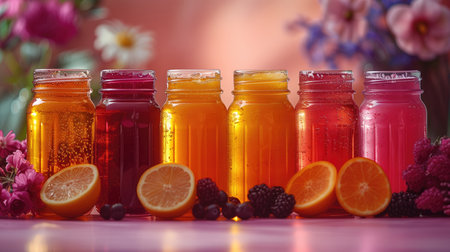 Set of various colorful beautiful glass jars with jam with different flavor, orange, red color with orange and berries on biege background. High quality photoの素材