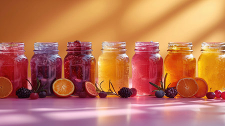 Set of colorful glass jars with jam of different flavor, orange, red color with orange and berries, play of light and shadow on biege background. High quality photoの素材
