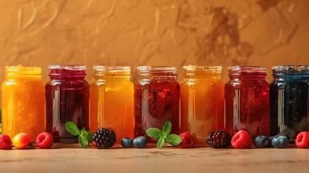Many colorful glass jars with jam on wooden surface. Different flavor, orange, red color with pieces of fruits and berries inside on biege background. High quality photoの素材