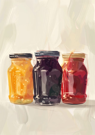 Drawing with watercolors, three colorful glass jars with steel lids and jam of different flavor and color on biege background. High quality illustrationの素材