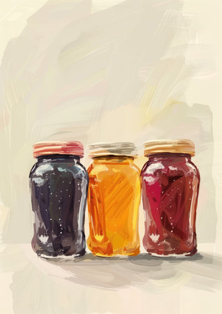Three colorful glass jars with fabric lids and jam of different flavor, painted with paints with biege colorand color background. High quality illustrationの素材