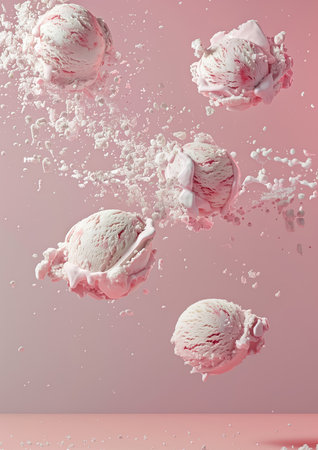 Advertising shot, white creamy ice cream balls with sugar and different additives flying on light pink background. High quality illustrationの素材