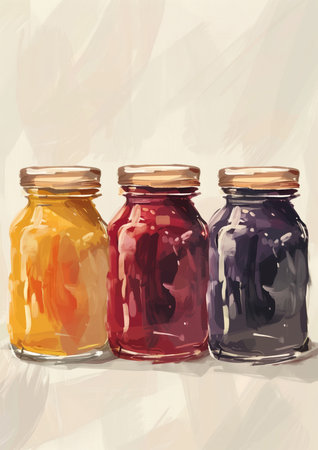 Drawing with watercolors, three colorful glass jars of berry jams of different flavor and color on biege background. High quality illustrationの素材