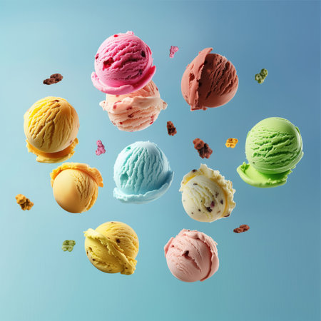 Advertising shot, multicolored ice cream balls with chocolate and different additives flying on light blue background. High quality illustrationの素材